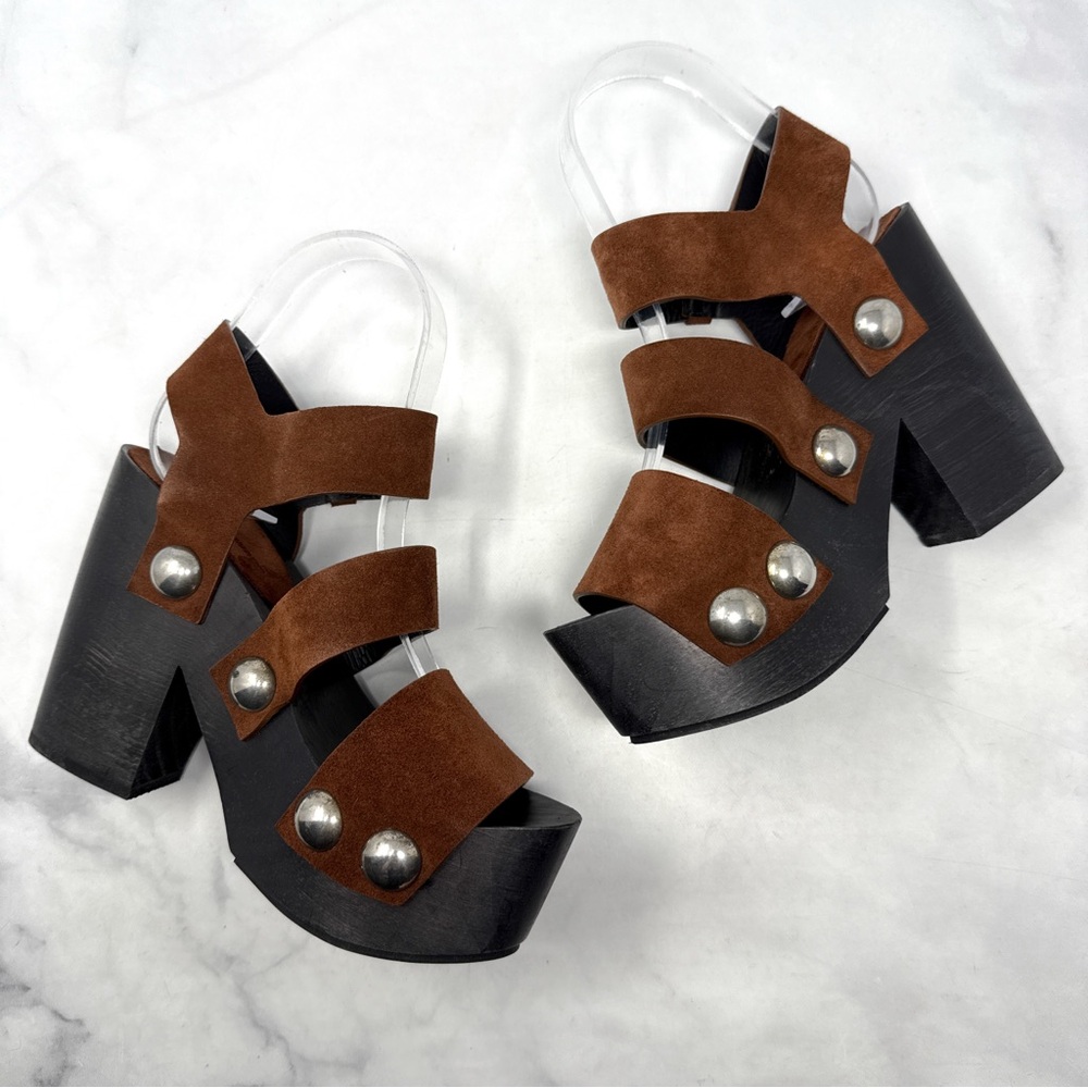 Alexander Wang Tess Suede Chunky Wooden Platform Clog Sandal Heel Brown Boho 35 - Picture 5 of 16